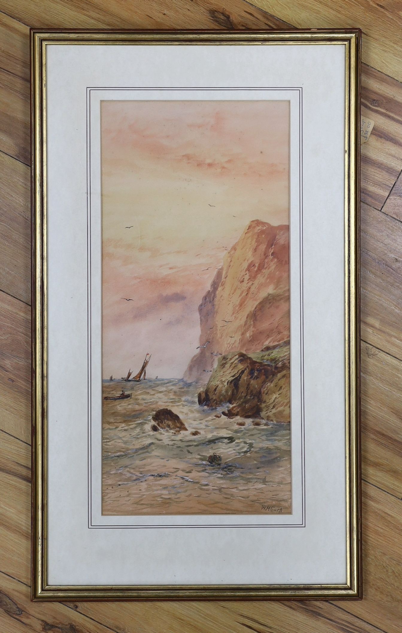 William Henry Earp (1831-1914), watercolour, Fishing boats along the coast, signed, 53 x 24cm